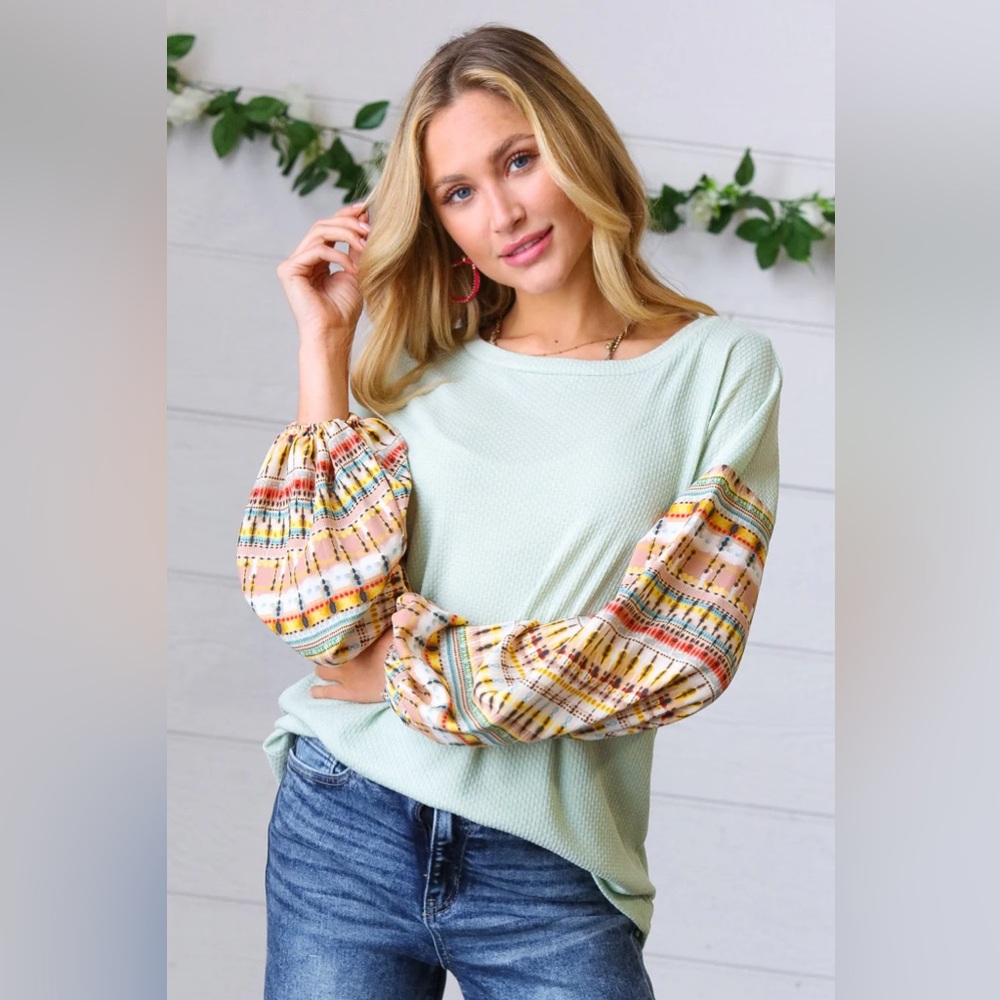 Plus size Haptics Sage Boho Print Challis Drop Sleeve Top, long sleeves, new.